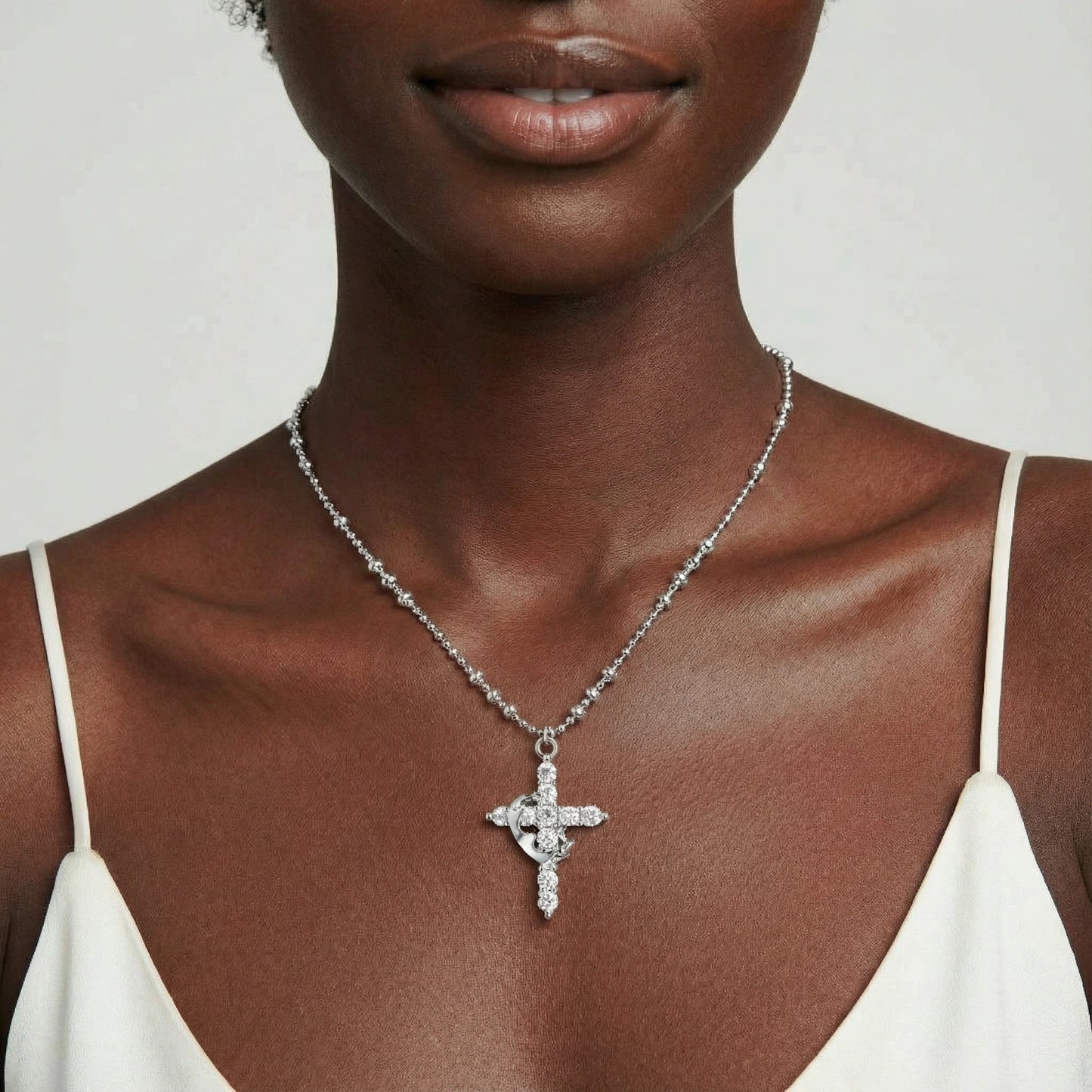 Crowned in Grace Cross Necklace | White Gold Plated Christian Jewelry | Glory 2 Glory Boutique