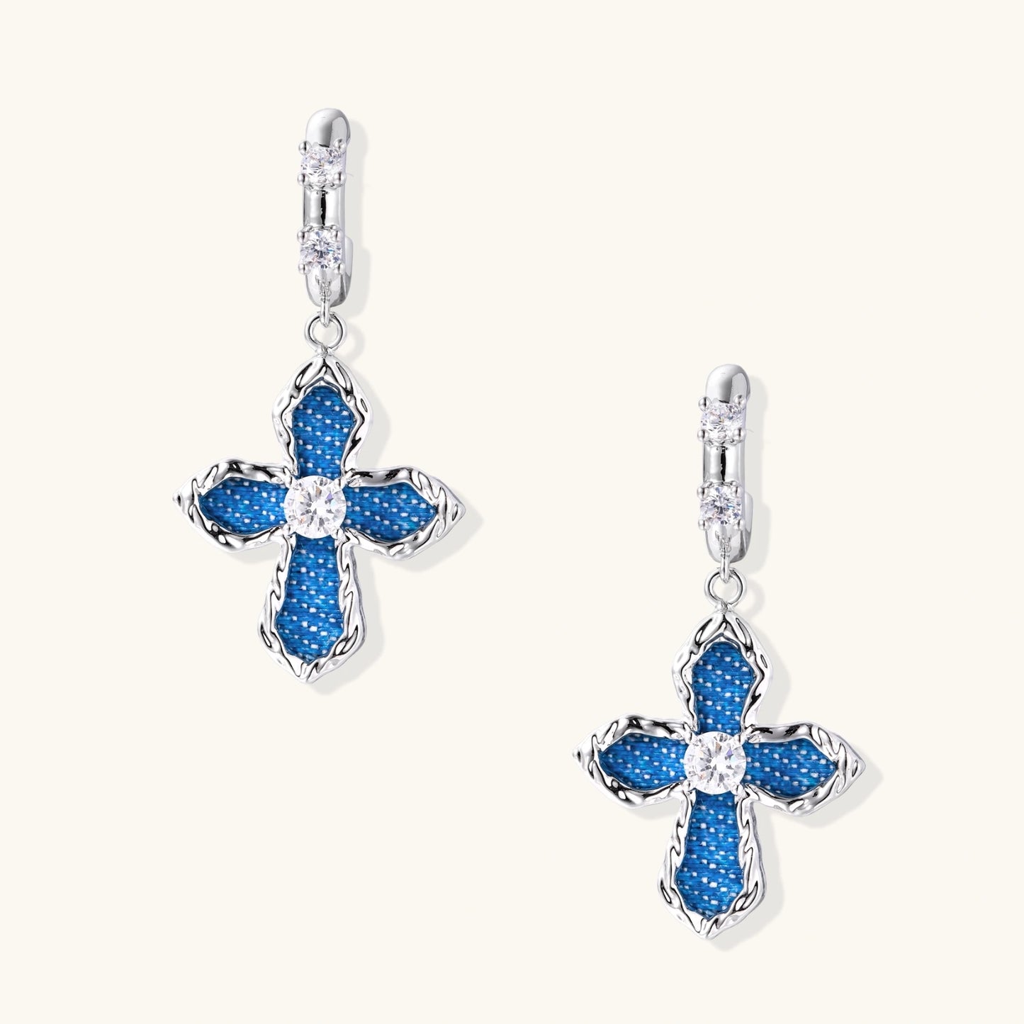 Revival Cross Hoops | Denim & White Gold Earrings | Glory 2 Glory Boutique