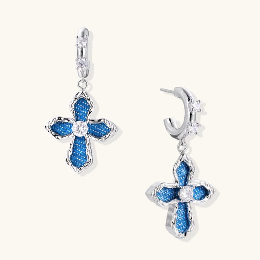 Revival Cross Hoops | Denim & White Gold Earrings | Glory 2 Glory Boutique