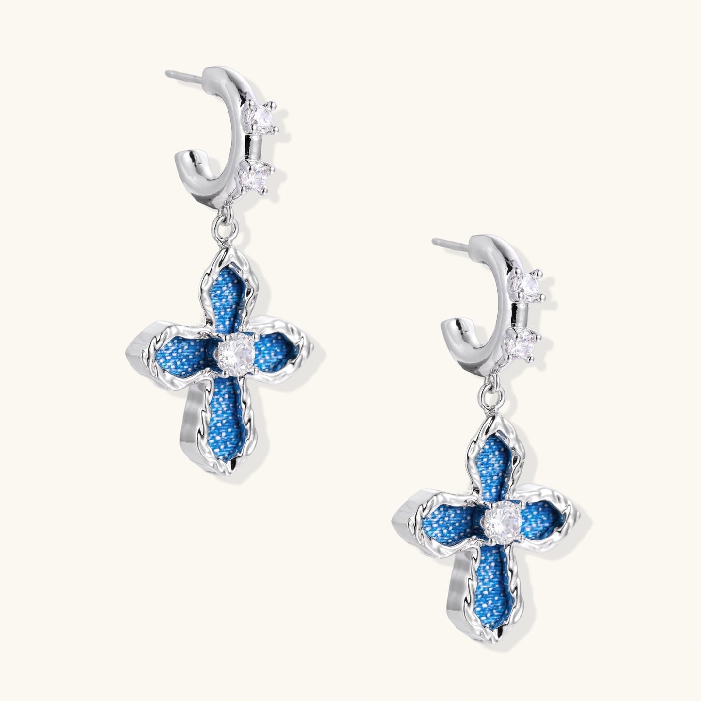 Revival Cross Hoops | Denim & White Gold Earrings | Glory 2 Glory Boutique