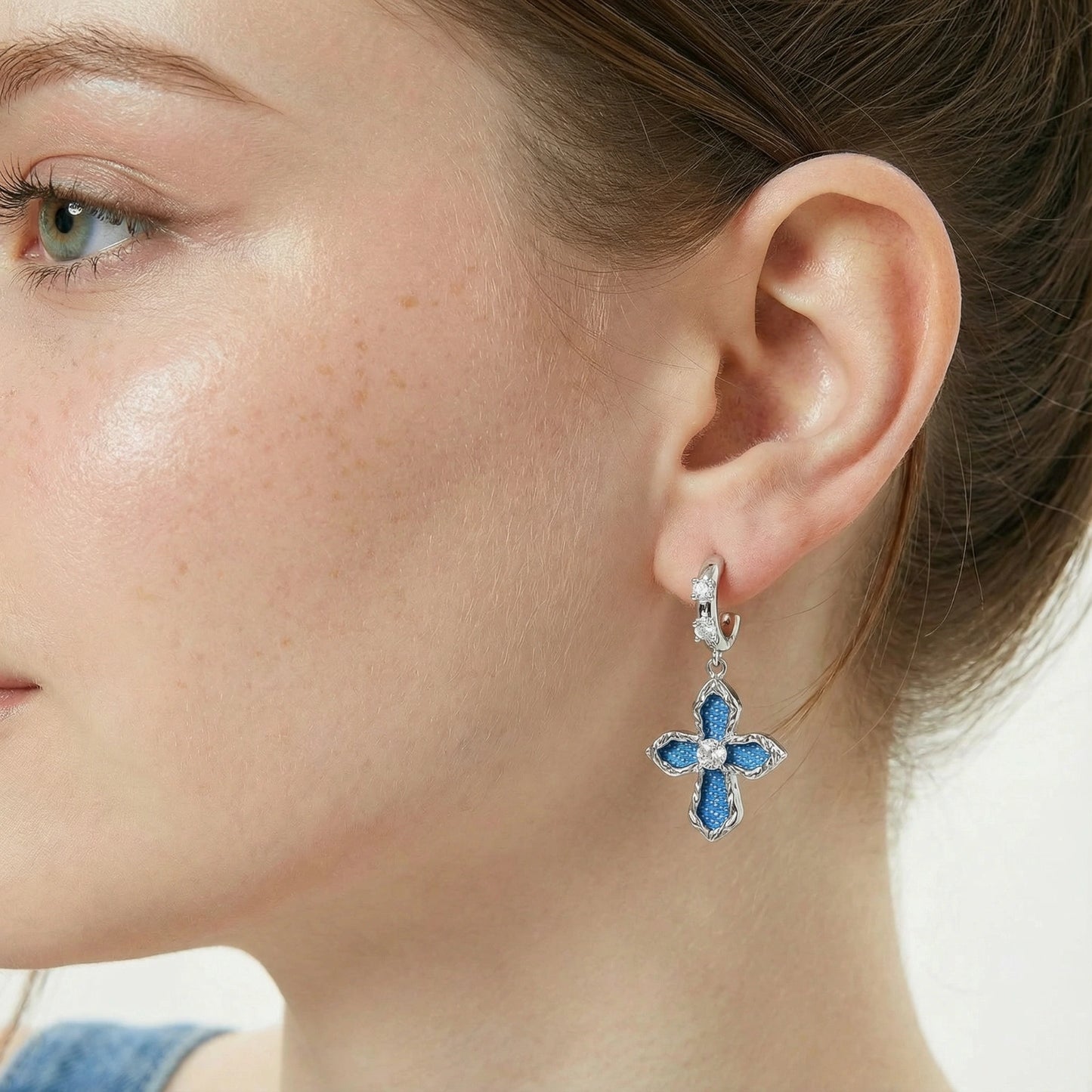 Revival Cross Hoops | Denim & White Gold Earrings | Glory 2 Glory Boutique