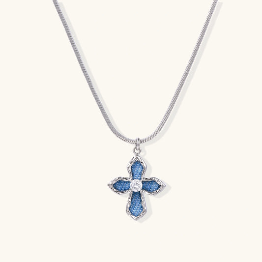 Blue Denim Cross Necklace | Faith-Inspired White Gold Christian Jewelry| Glory 2 Glory Boutique