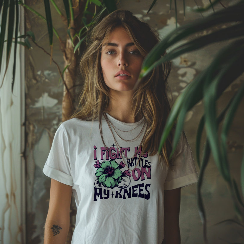 I Fight My Battles On My Knees Christian T-Shirt | Faith-Based Prayer Shirt | Inspirational Bible Tee